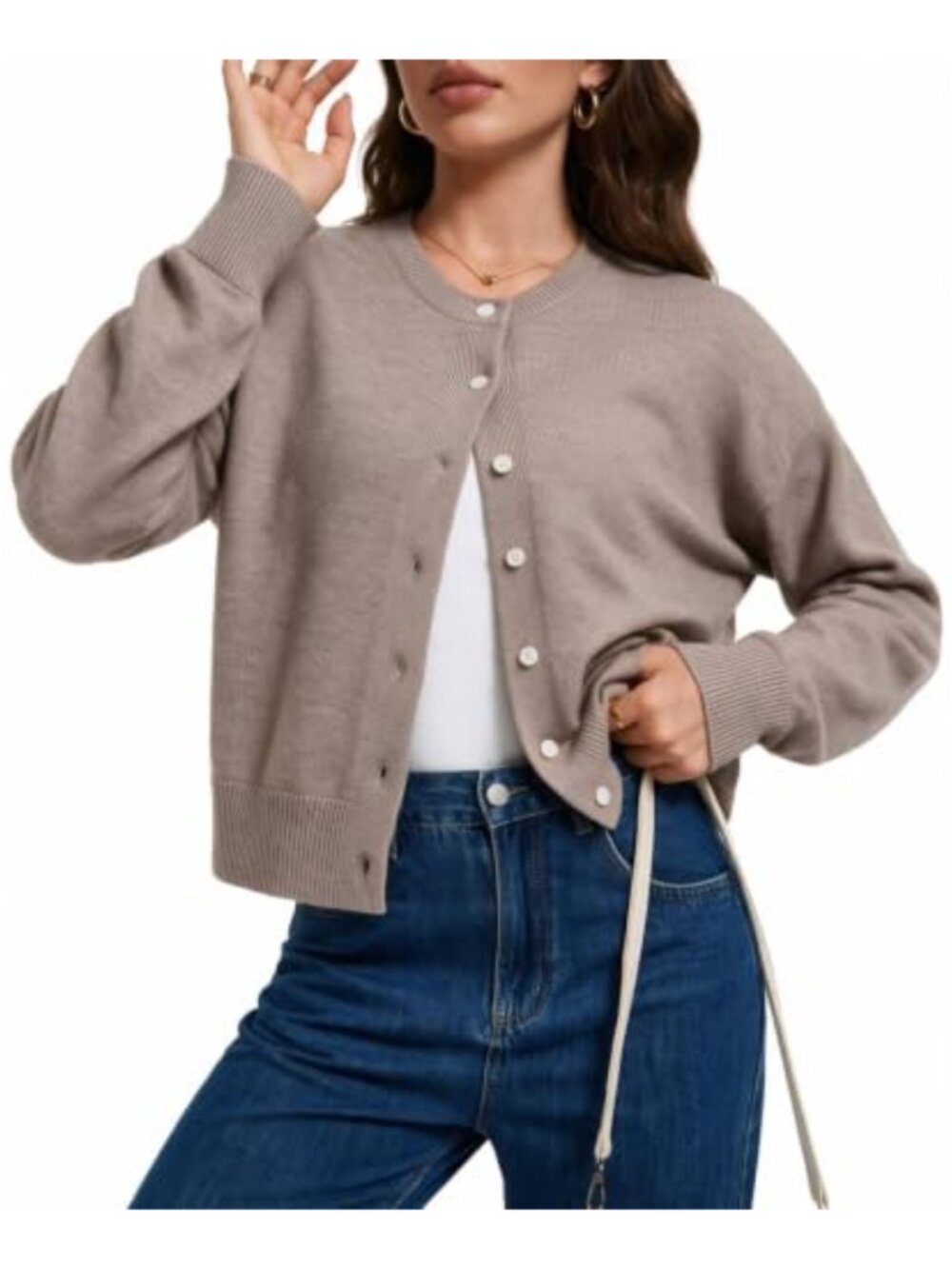 Cropped Knit Cardigan Sweater Crew Neck Button Up Slim Fit